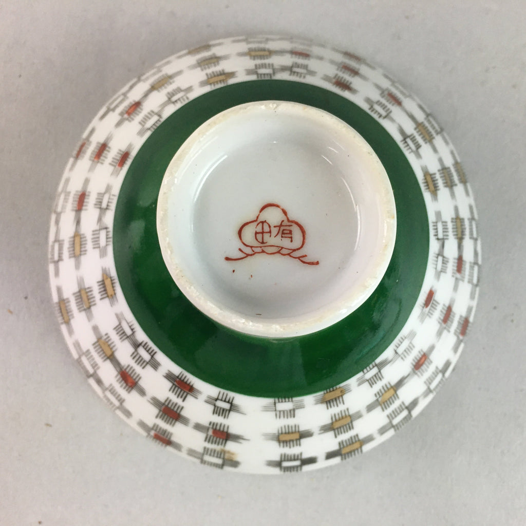 Japanese Porcelain Rice Bowl Vtg Chawan Plus Sign Plaid Gold Green Arita PP197