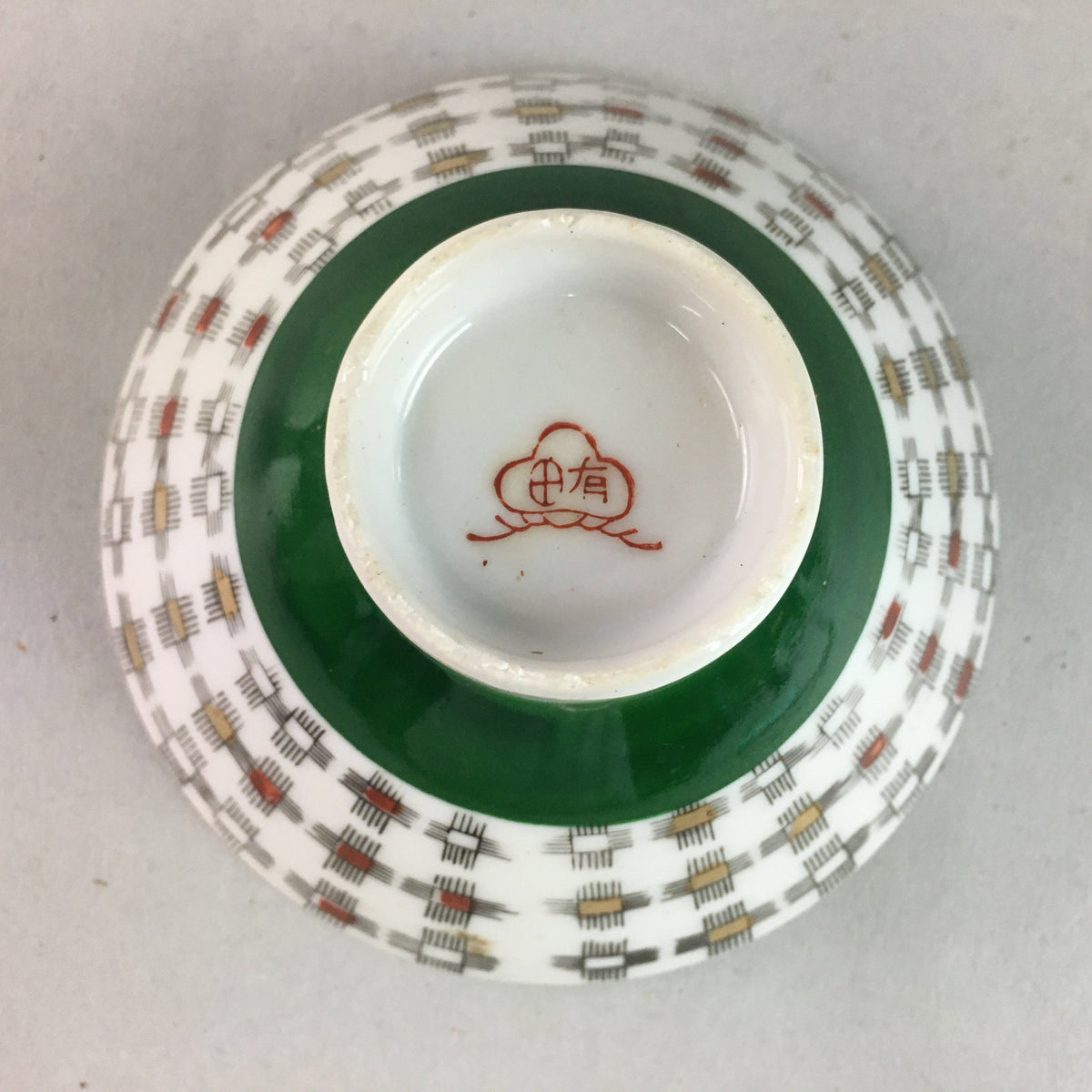 Japanese Porcelain Rice Bowl Vtg Chawan Plus Sign Plaid Gold Green Arita PP197