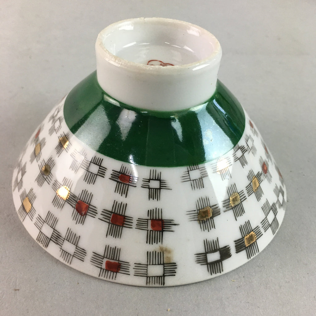 Japanese Porcelain Rice Bowl Vtg Chawan Plus Sign Plaid Gold Green Arita PP197