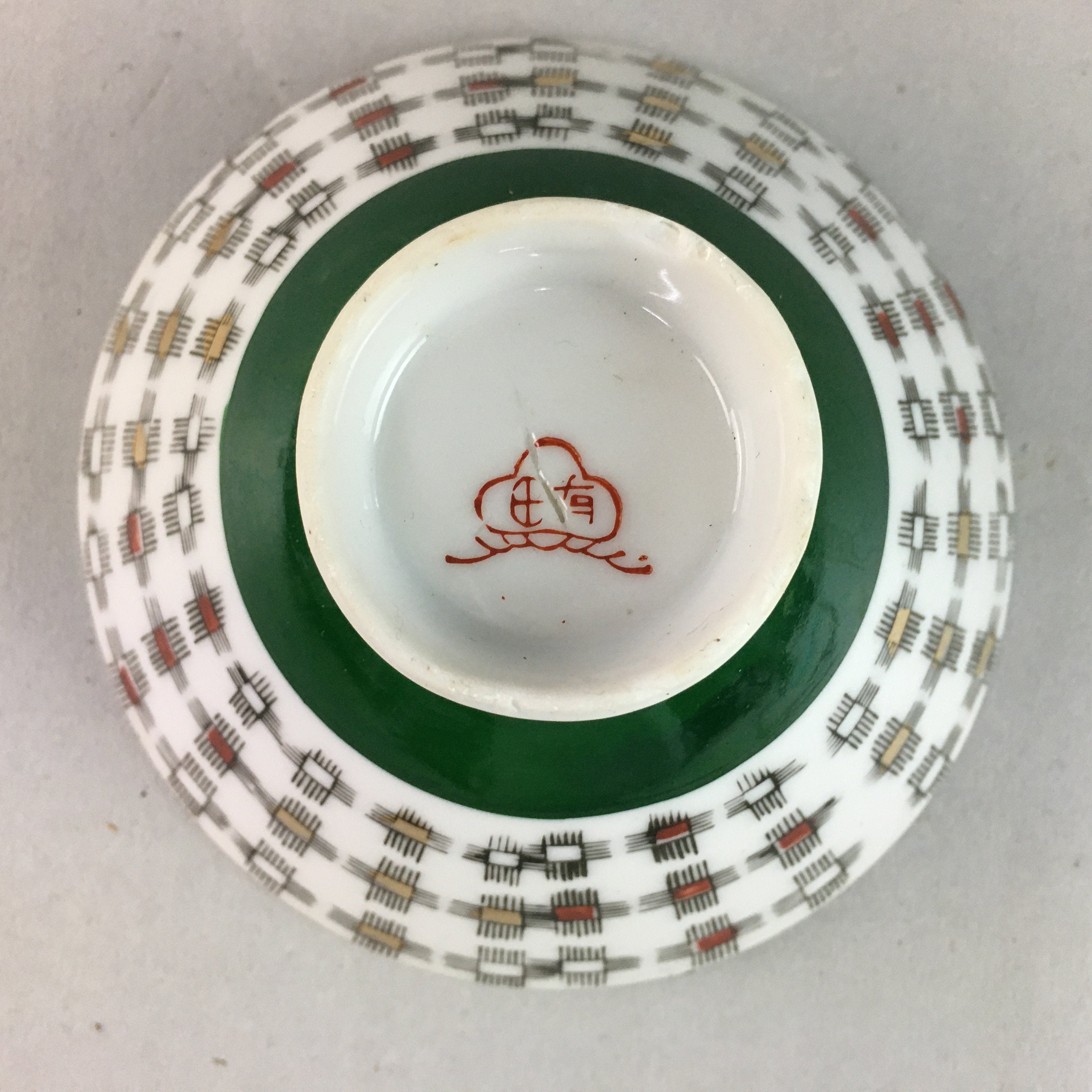 Japanese Porcelain Rice Bowl Vtg Chawan Plus Sign Plaid Gold Green Arita PP198