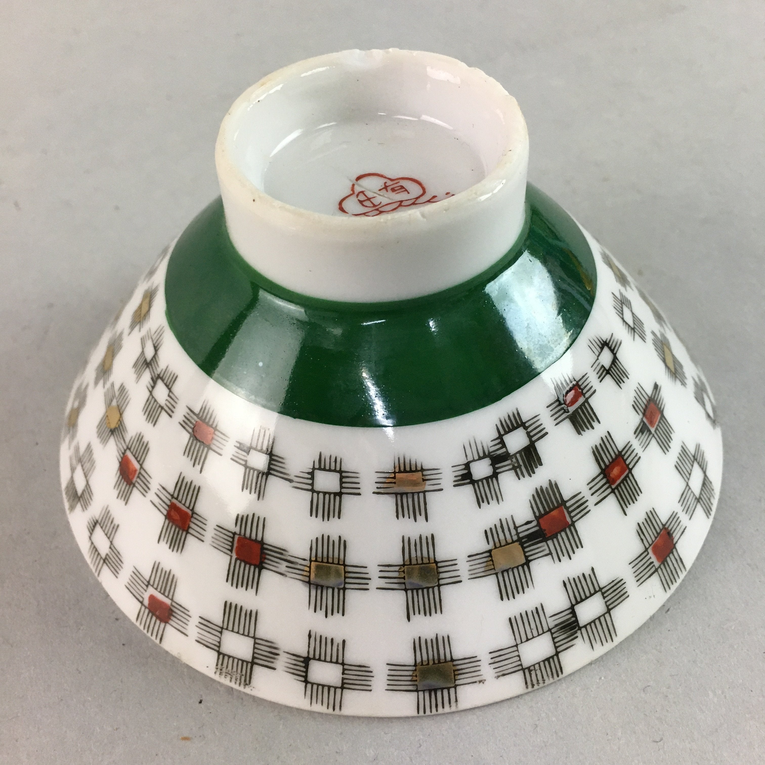 Japanese Porcelain Rice Bowl Vtg Chawan Plus Sign Plaid Gold Green Arita PP198