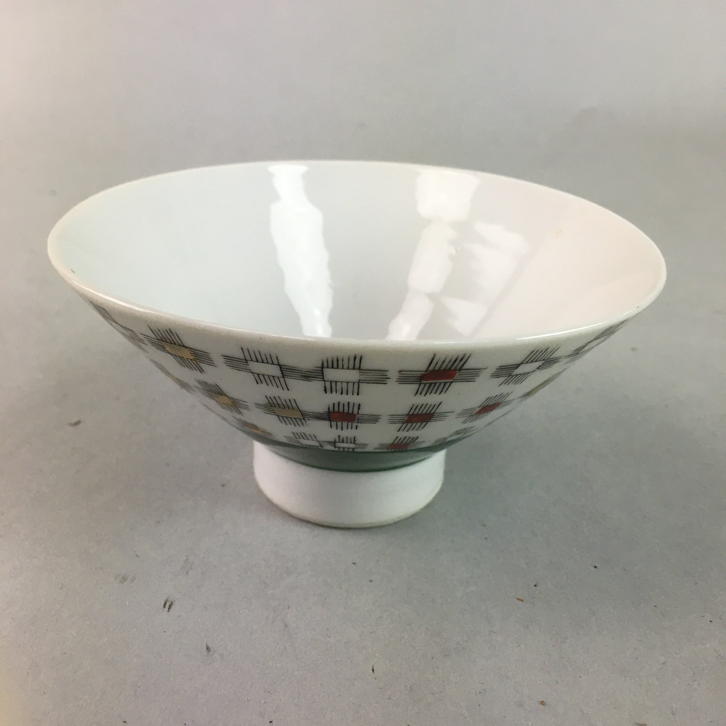 Japanese Porcelain Rice Bowl Vtg Chawan Plus Sign Plaid Gold Green Arita PP199