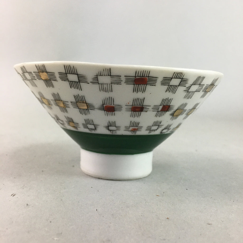 Japanese Porcelain Rice Bowl Vtg Chawan Plus Sign Plaid Gold Green Arita PP199
