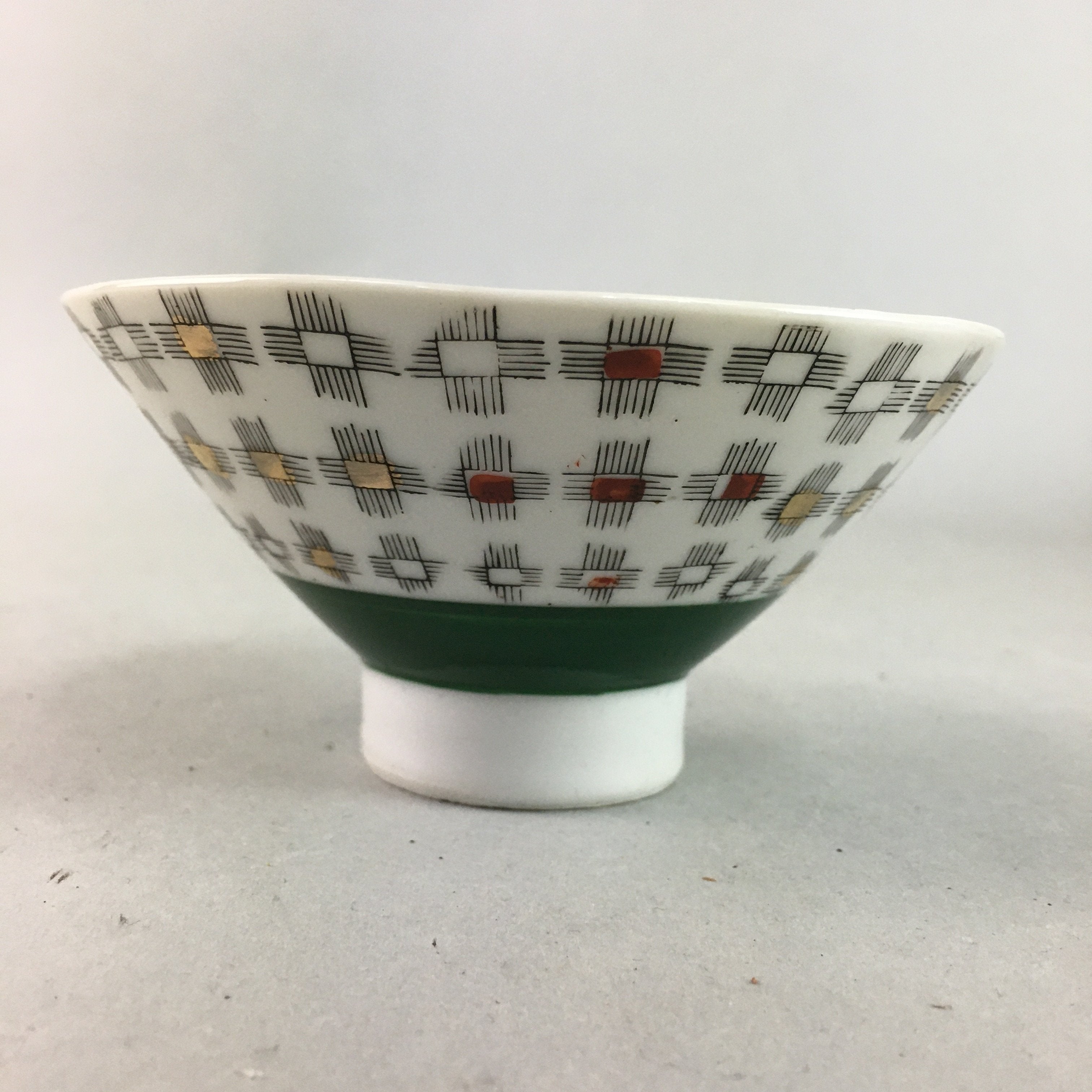 Japanese Porcelain Rice Bowl Vtg Chawan Plus Sign Plaid Gold Green Arita PP199