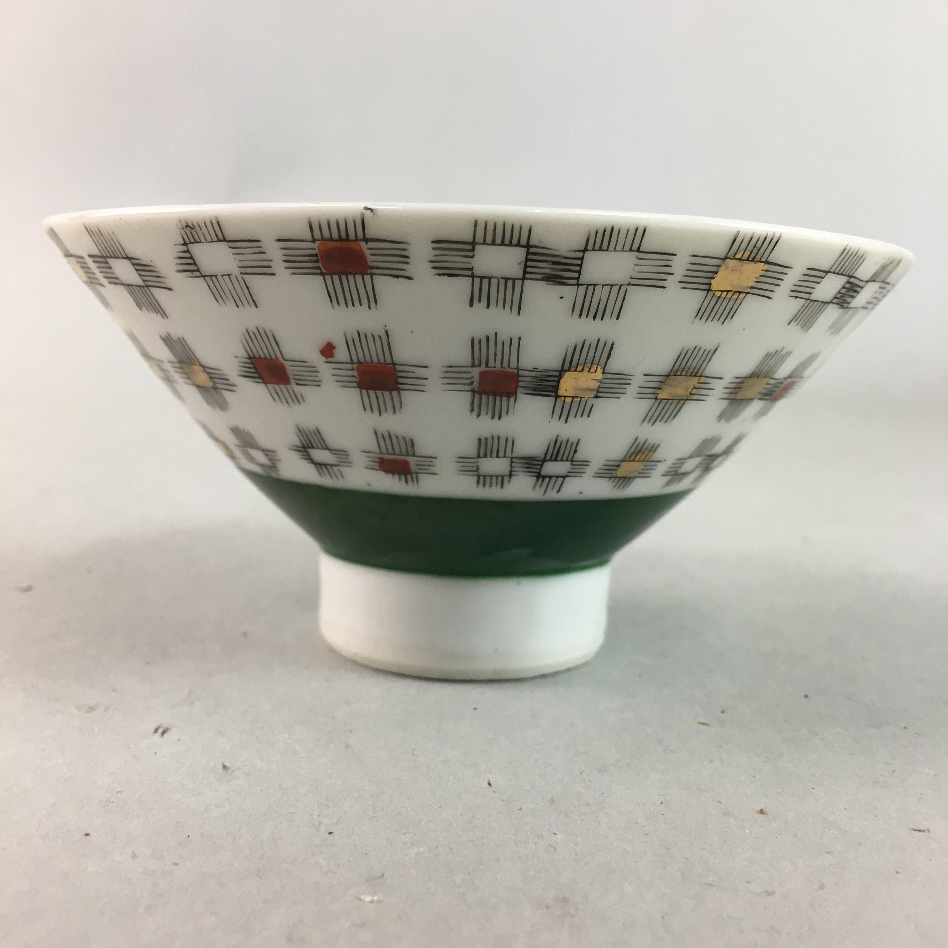 Japanese Porcelain Rice Bowl Vtg Chawan Plus Sign Plaid Gold Green Arita PP199