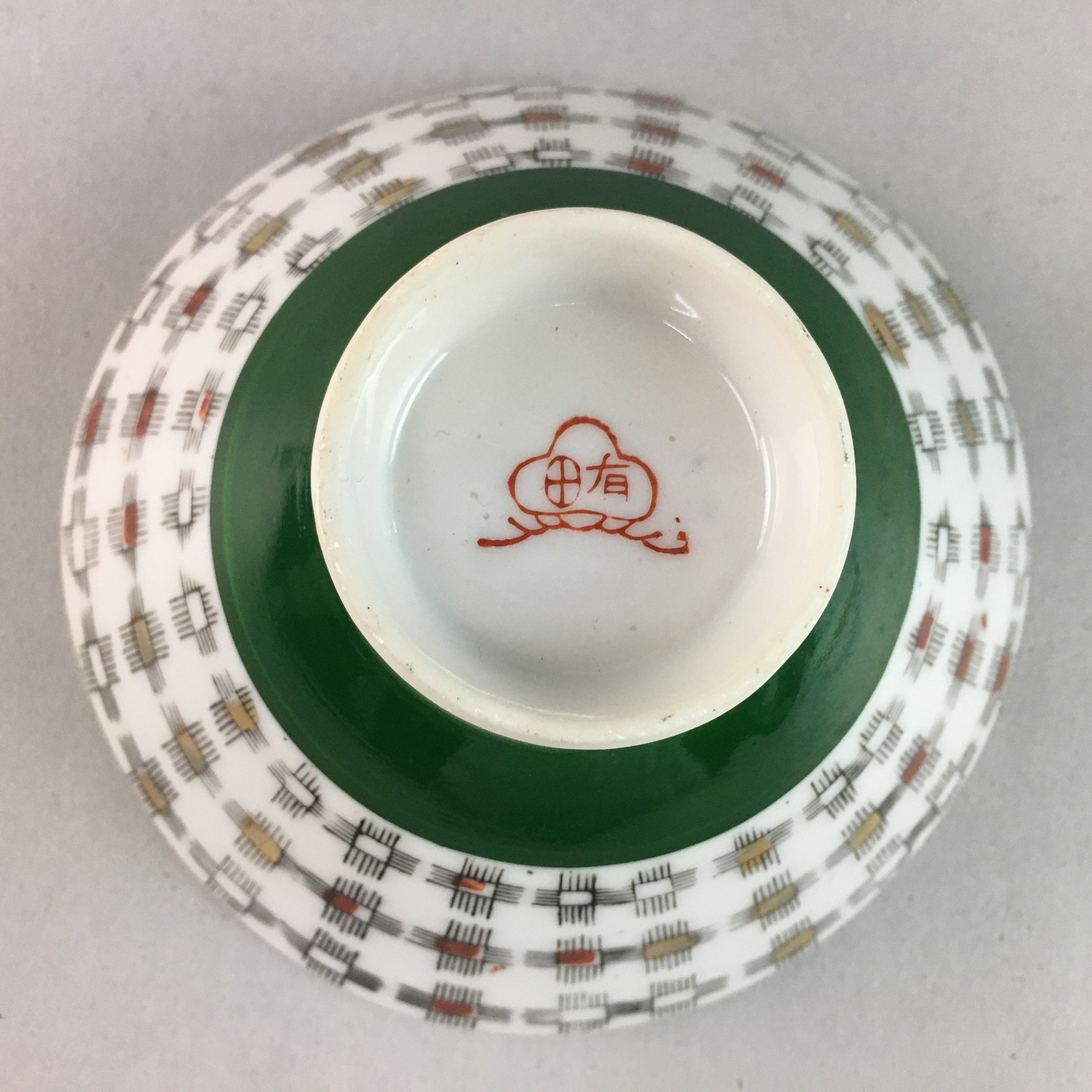 Japanese Porcelain Rice Bowl Vtg Chawan Plus Sign Plaid Gold Green Arita PP199