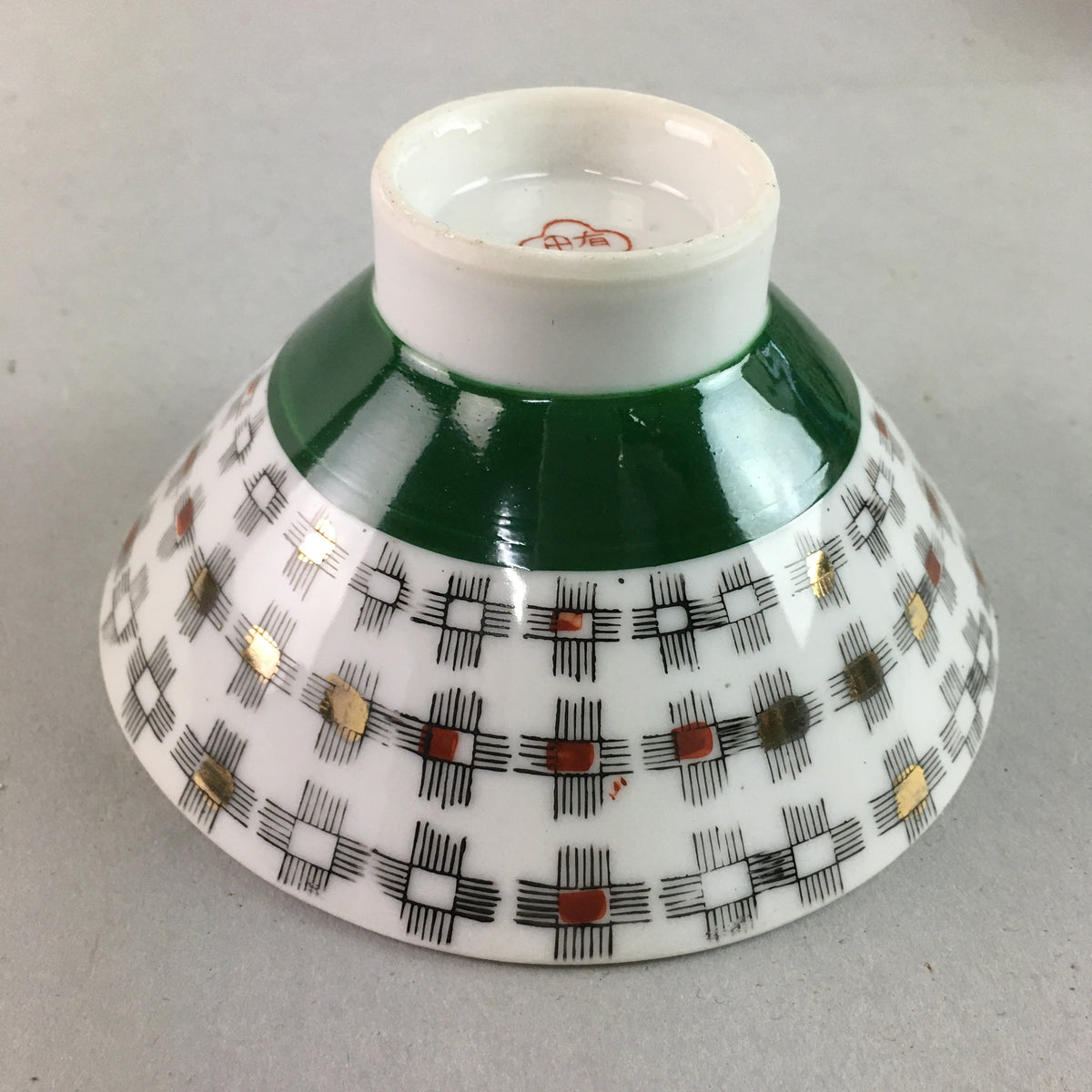 Japanese Porcelain Rice Bowl Vtg Chawan Plus Sign Plaid Gold Green Arita PP199