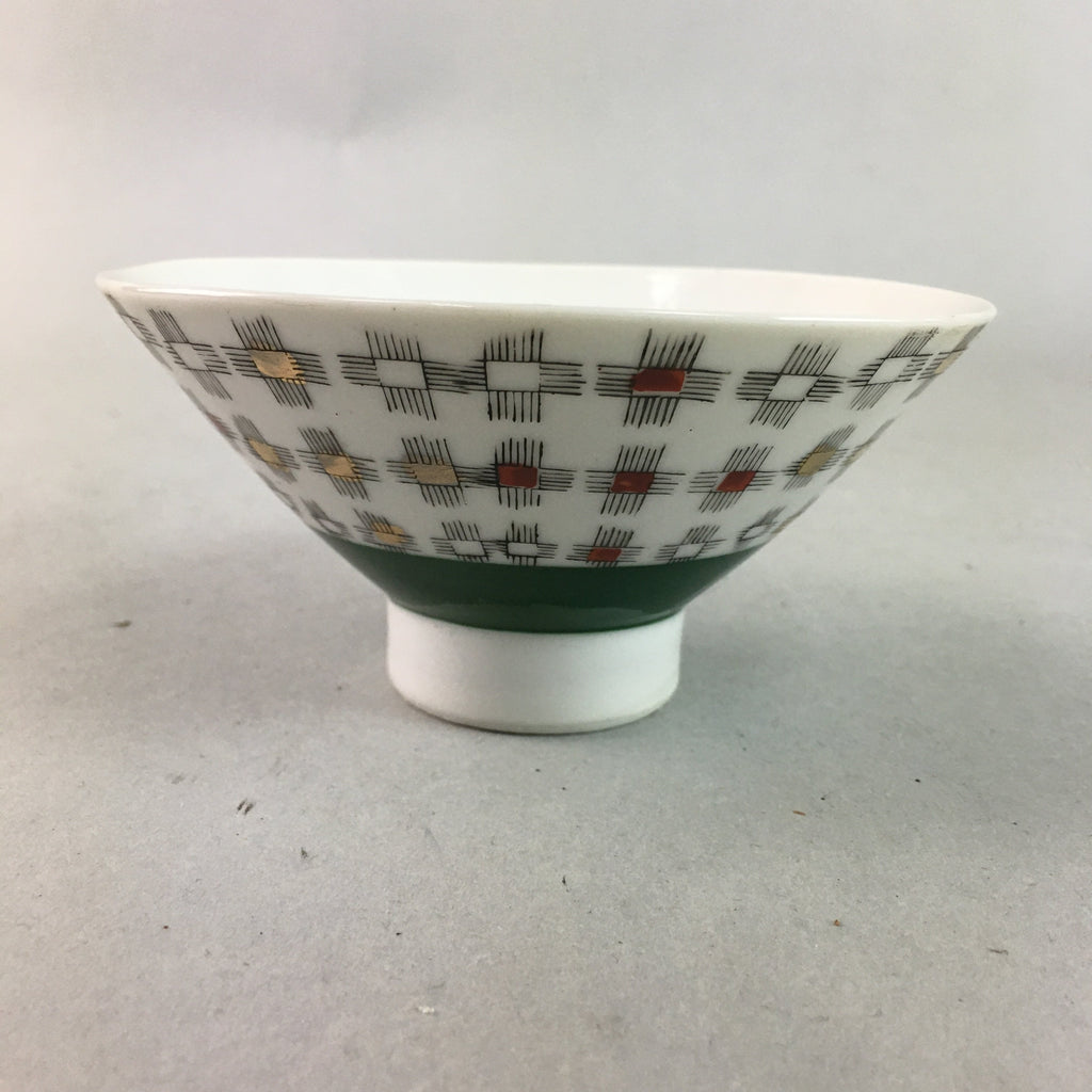 Japanese Porcelain Rice Bowl Vtg Chawan Plus Sign Plaid Gold Green Arita PP199