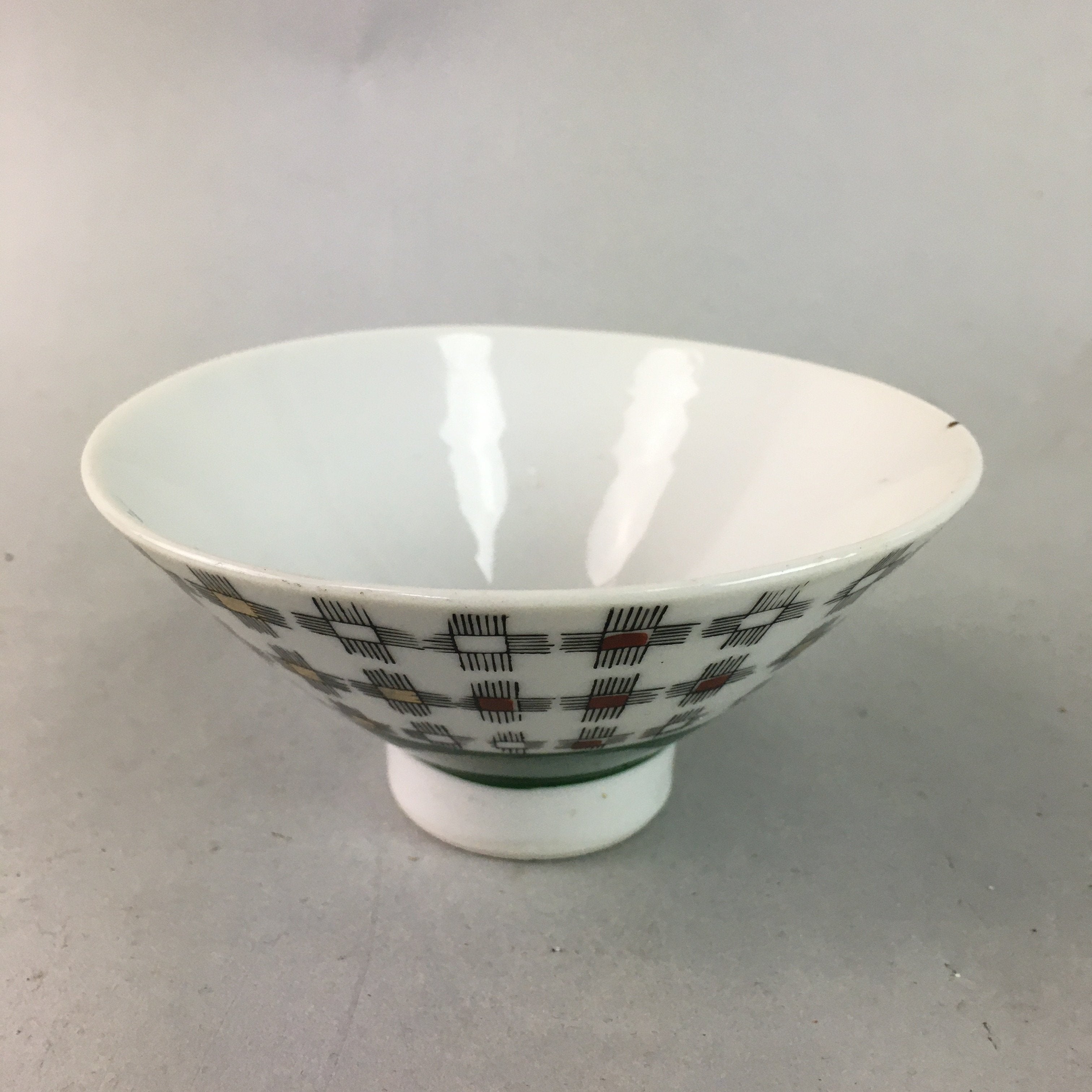 Japanese Porcelain Rice Bowl Vtg Chawan Plus Sign Plaid Gold Green Arita PP200