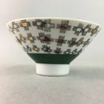 Japanese Porcelain Rice Bowl Vtg Chawan Plus Sign Plaid Gold Green Arita PP200