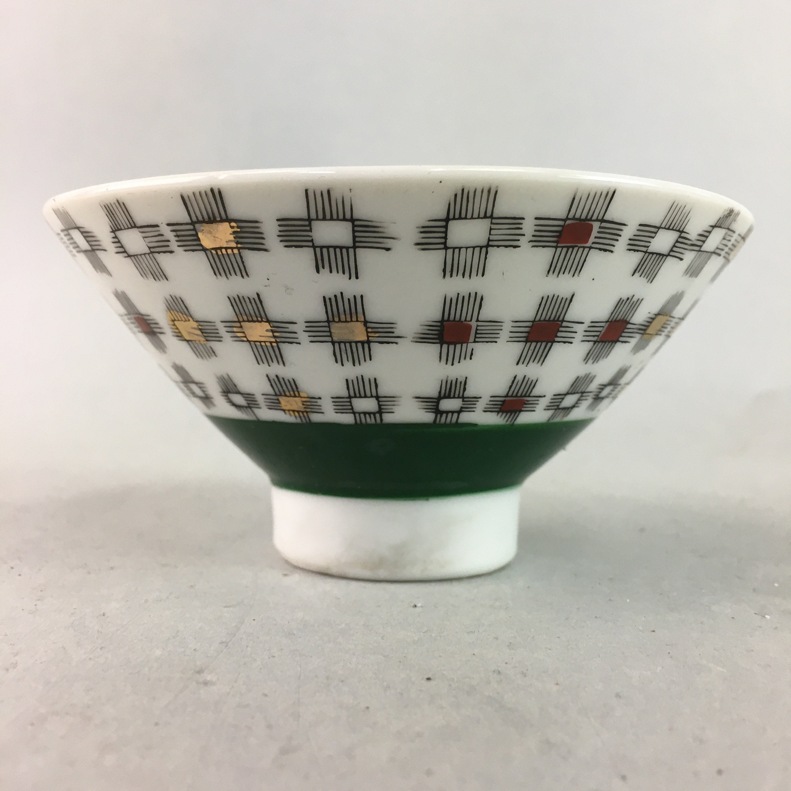 Japanese Porcelain Rice Bowl Vtg Chawan Plus Sign Plaid Gold Green Arita PP200