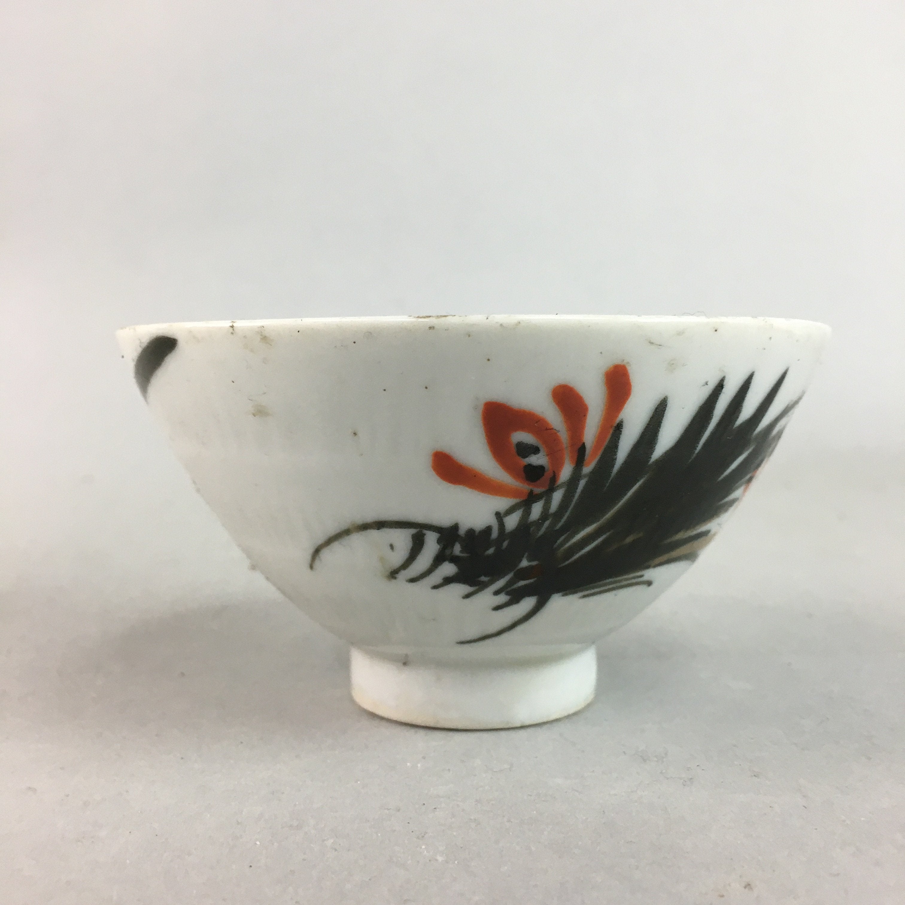 Japanese Porcelain Rice Bowl Vtg Chawan Red Black Flower Leaf PP223