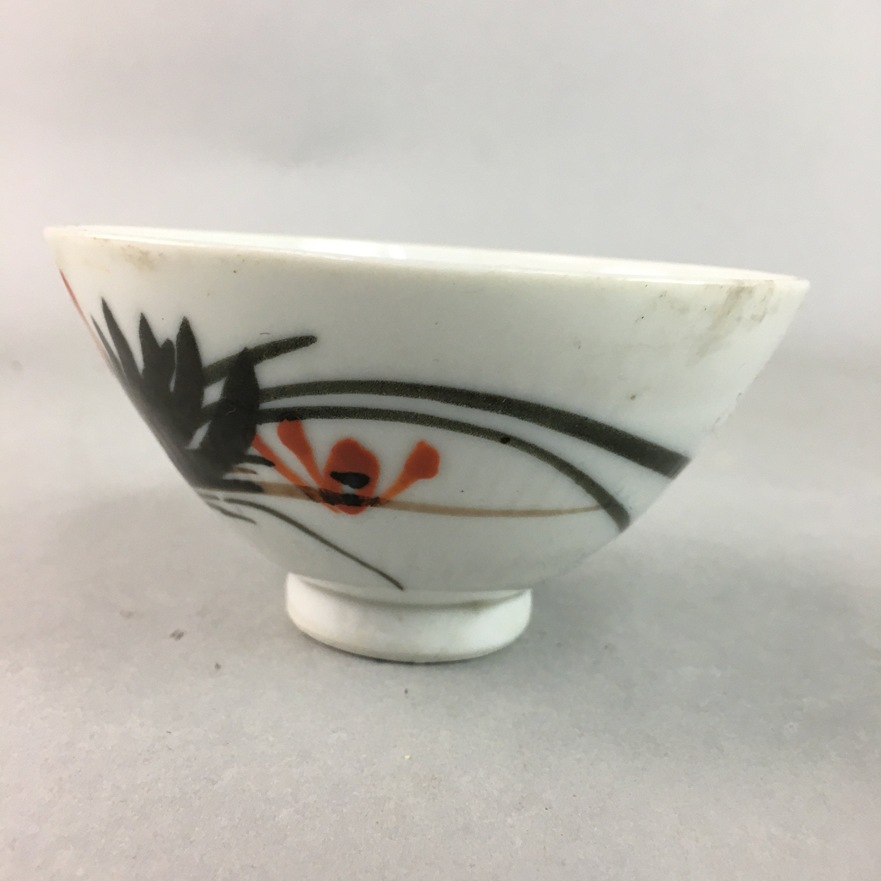 Japanese Porcelain Rice Bowl Vtg Chawan Red Black Flower Leaf PP234