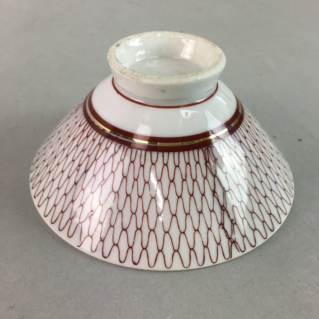 Japanese Porcelain Rice Bowl Vtg Chawan Red Geometric Net Pattern PP183