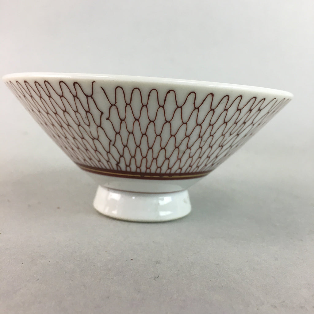 Japanese Porcelain Rice Bowl Vtg Chawan Red Geometric Net Pattern PP183