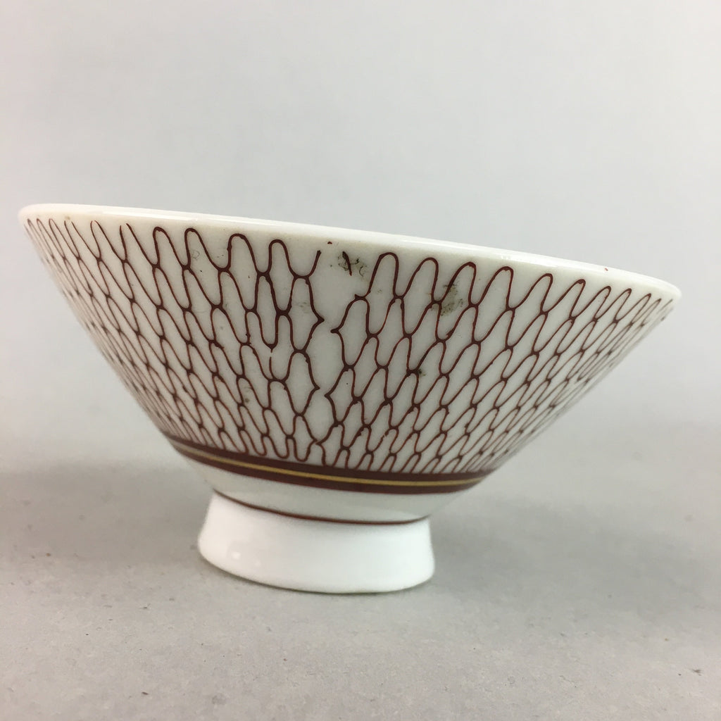 Japanese Porcelain Rice Bowl Vtg Chawan Red Geometric Net Pattern PP184