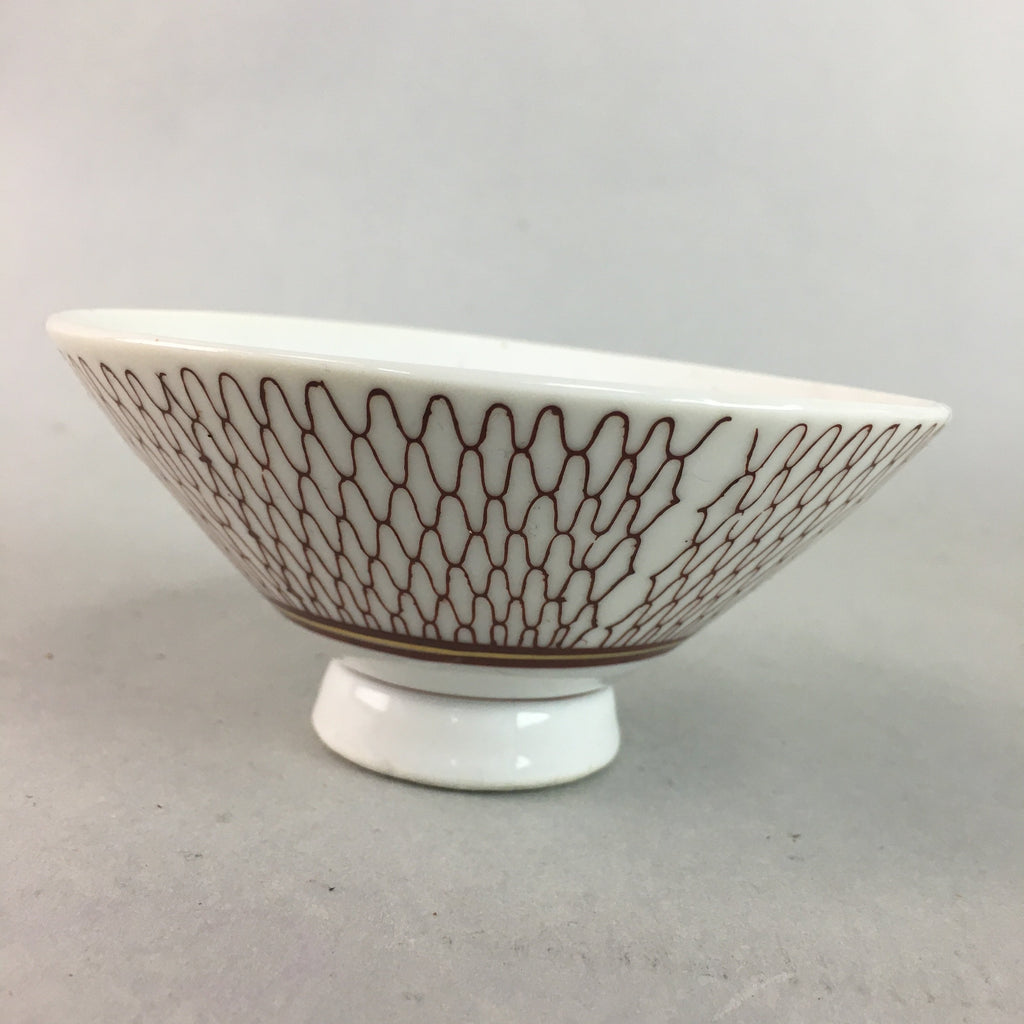 Japanese Porcelain Rice Bowl Vtg Chawan Red Geometric Net Pattern PP186