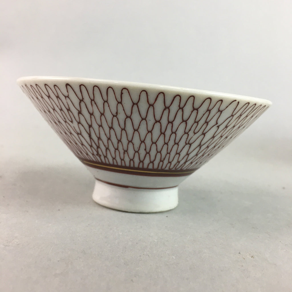 Japanese Porcelain Rice Bowl Vtg Chawan Red Geometric Net Pattern PP187