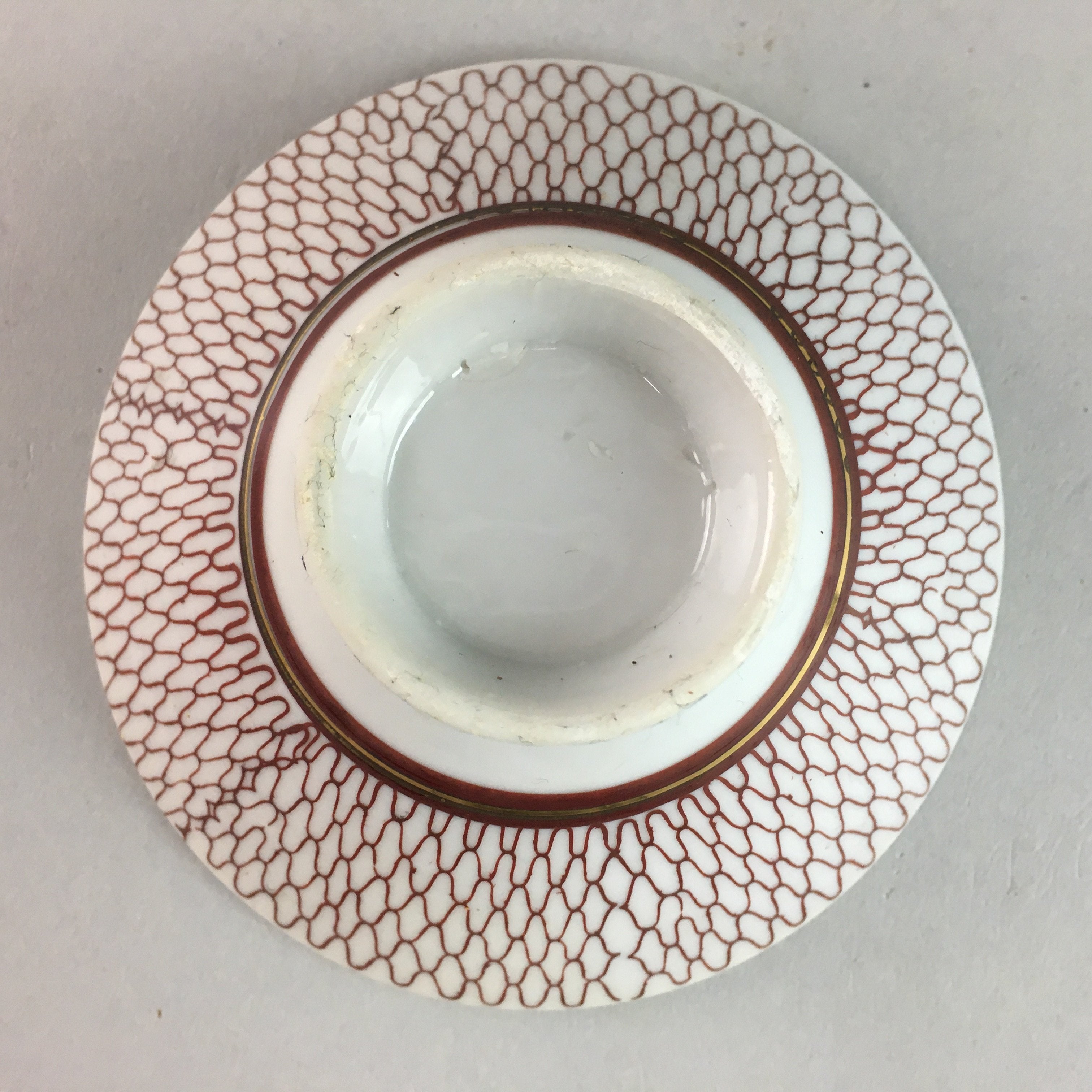 Japanese Porcelain Rice Bowl Vtg Chawan Red Geometric Net Pattern PP187
