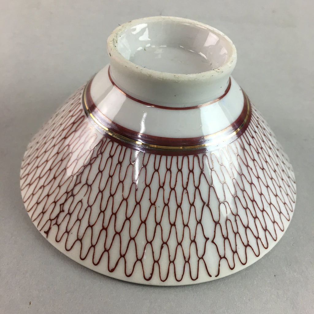 Japanese Porcelain Rice Bowl Vtg Chawan Red Geometric Net Pattern PP187