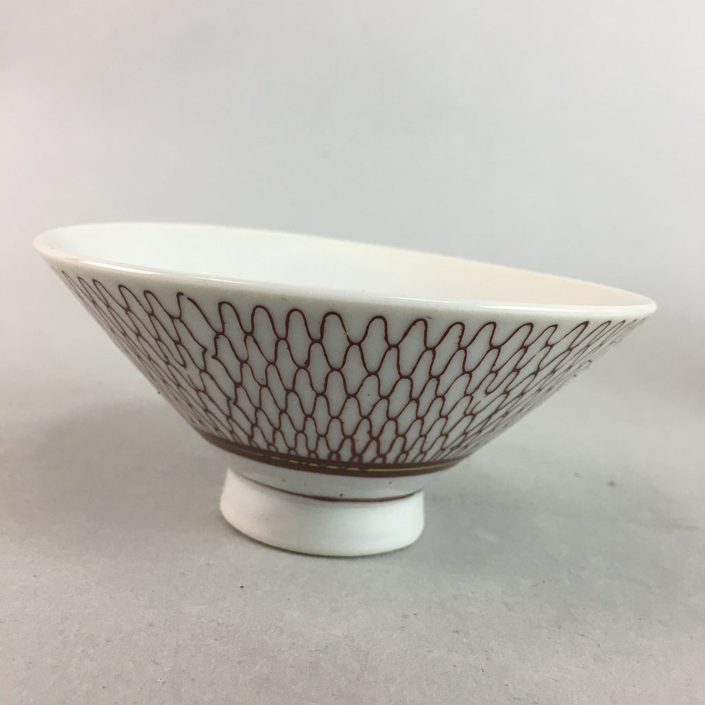 Japanese Porcelain Rice Bowl Vtg Chawan Red Geometric Net Pattern PP187