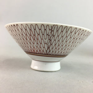 Japanese Porcelain Rice Bowl Vtg Chawan Red Geometric Net Pattern PP188