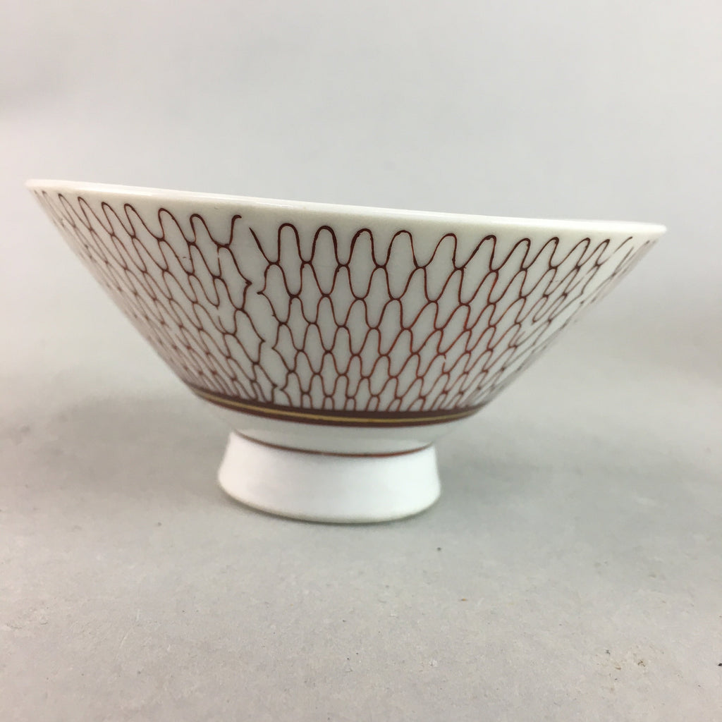 Japanese Porcelain Rice Bowl Vtg Chawan Red Geometric Net Pattern PP188