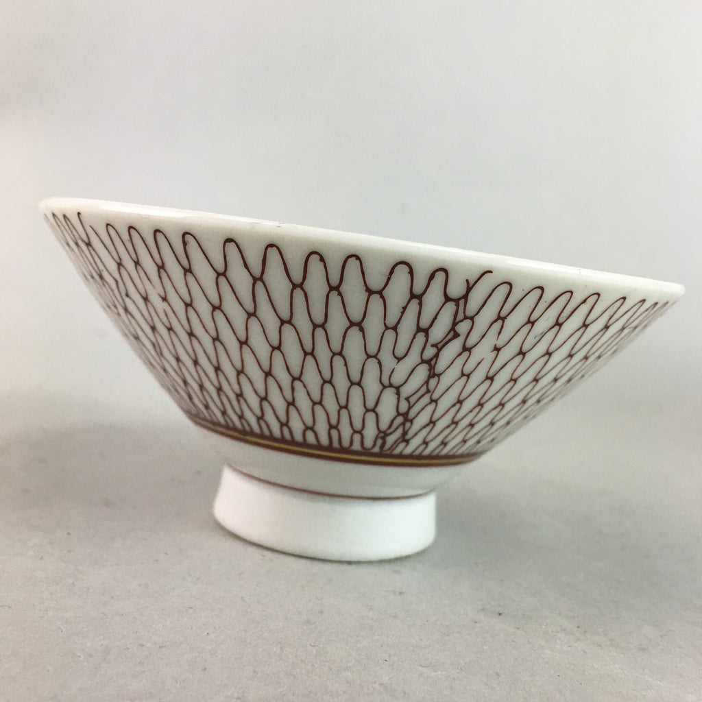 Japanese Porcelain Rice Bowl Vtg Chawan Red Geometric Net Pattern PP189