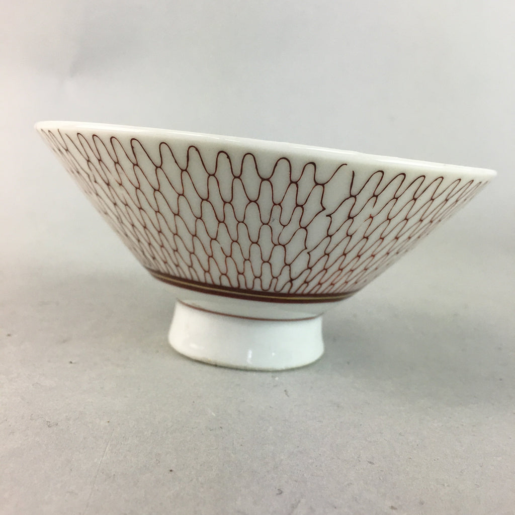 Japanese Porcelain Rice Bowl Vtg Chawan Red Geometric Net Pattern PP190