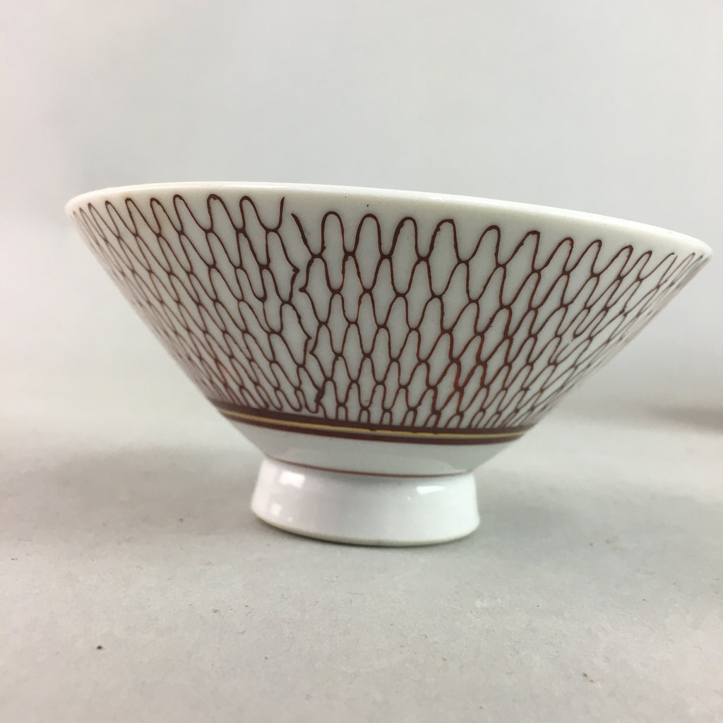 Japanese Porcelain Rice Bowl Vtg Chawan Red Geometric Net Pattern PP191