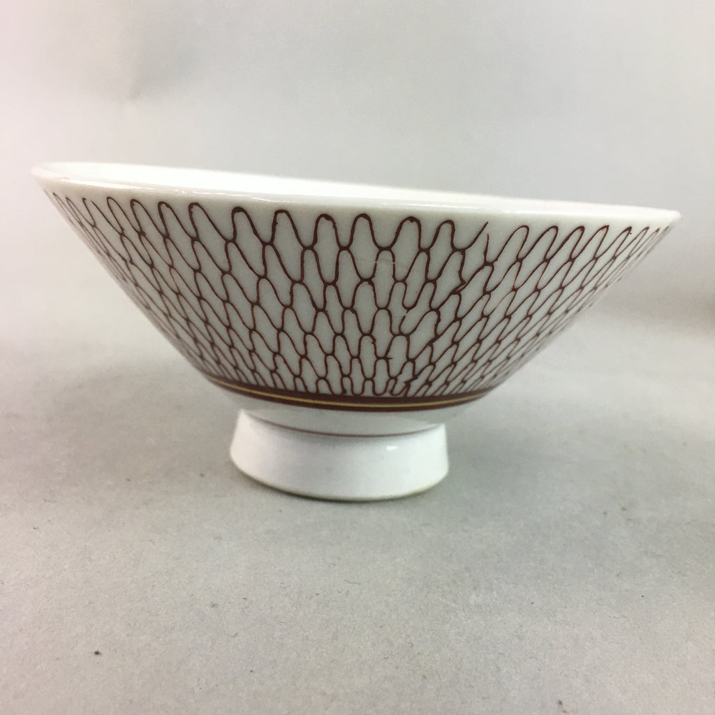 Japanese Porcelain Rice Bowl Vtg Chawan Red Geometric Net Pattern PP191