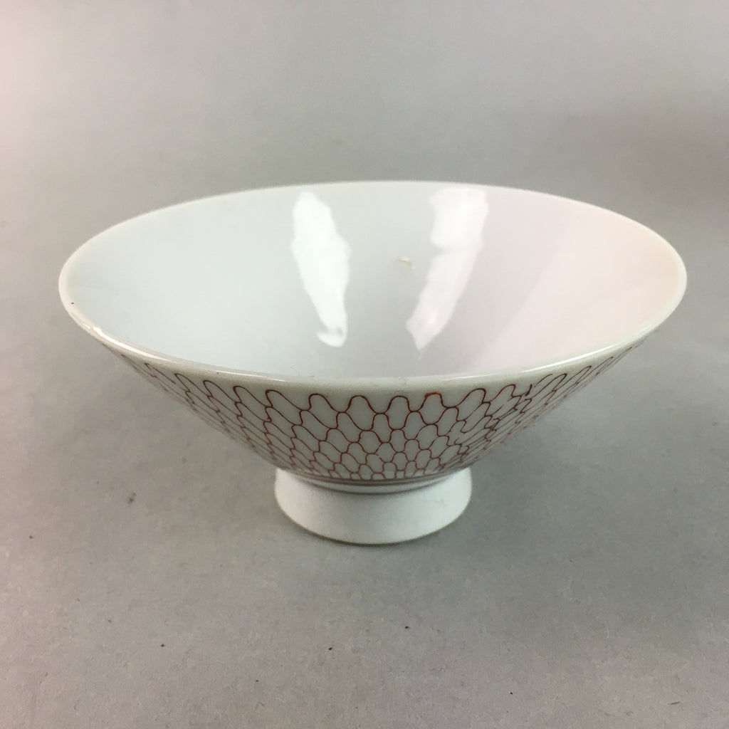 Japanese Porcelain Rice Bowl Vtg Chawan Red Geometric Net Pattern PP192