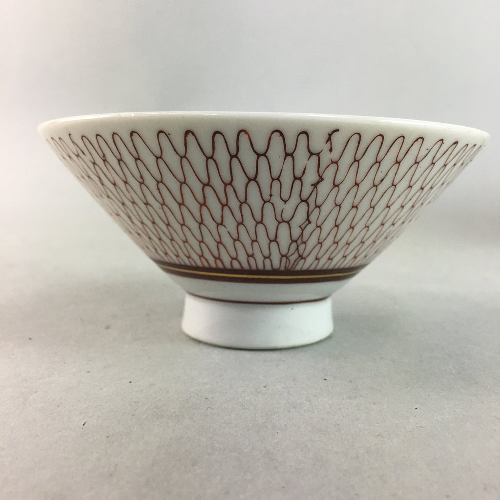 Japanese Porcelain Rice Bowl Vtg Chawan Red Geometric Net Pattern PP192