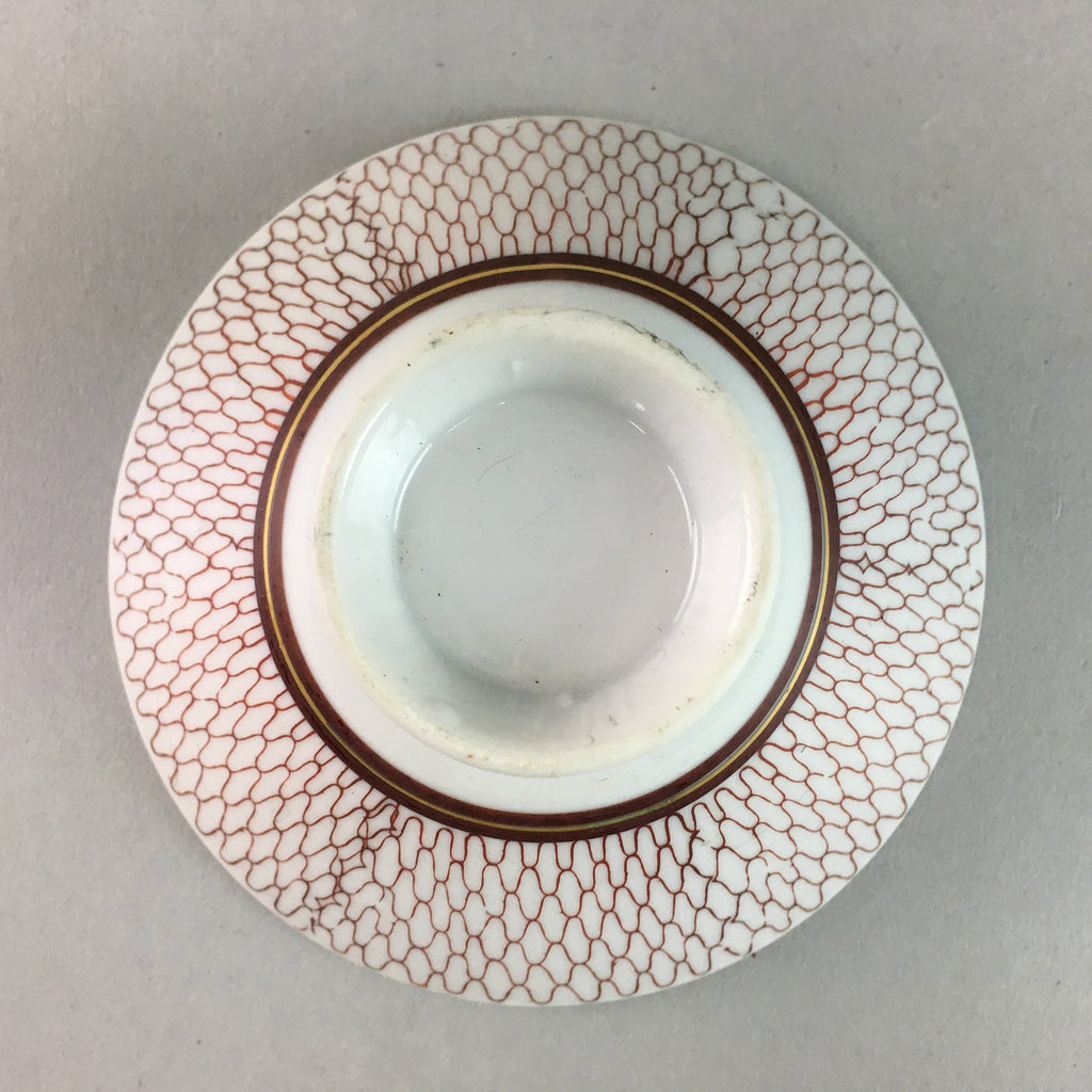 Japanese Porcelain Rice Bowl Vtg Chawan Red Geometric Net Pattern PP192