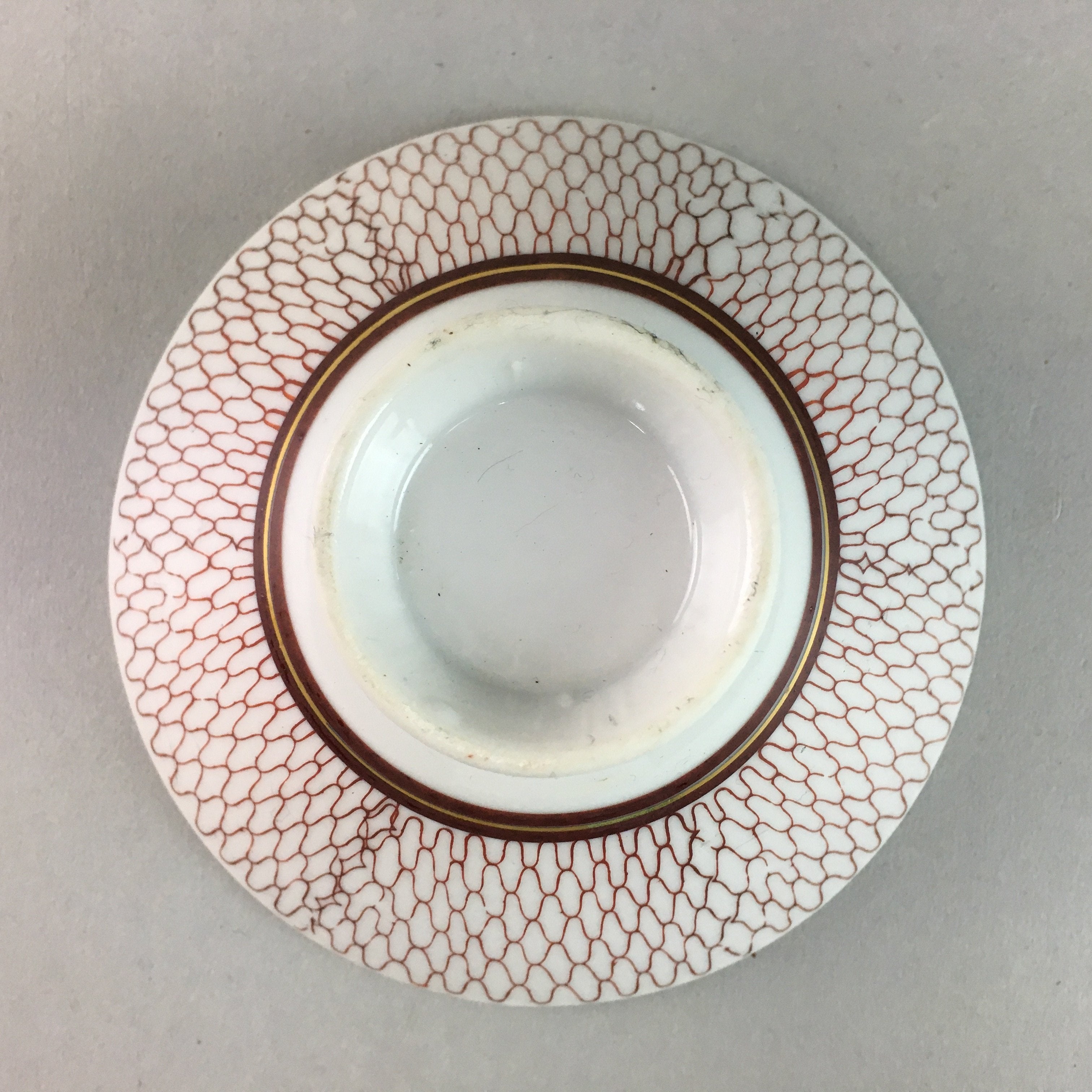Japanese Porcelain Rice Bowl Vtg Chawan Red Geometric Net Pattern PP192