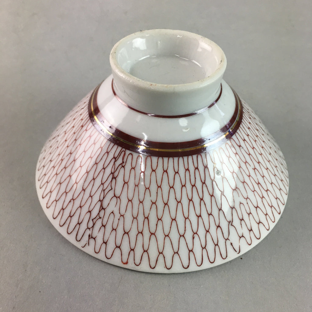 Japanese Porcelain Rice Bowl Vtg Chawan Red Geometric Net Pattern PP192