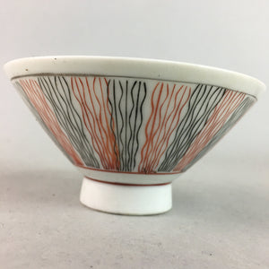 Japanese Porcelain Rice Bowl Vtg Chawan Wavy Line Seaweed Red Black PP203