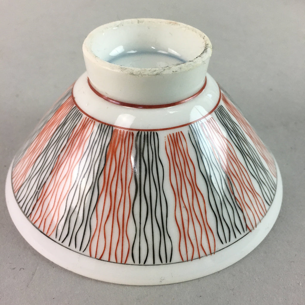 Japanese Porcelain Rice Bowl Vtg Chawan Wavy Line Seaweed Red Black PP207