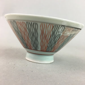 Japanese Porcelain Rice Bowl Vtg Chawan Wavy Line Seaweed Red Black PP208