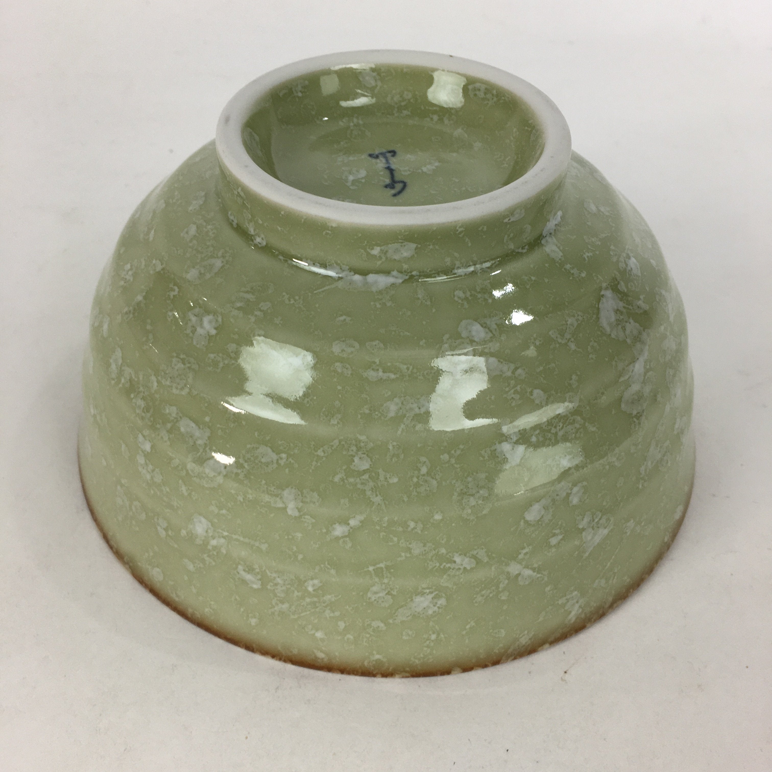 Japanese Porcelain Rice Bowl Vtg Green Mottled Pattern White Flowers Donburi PP6