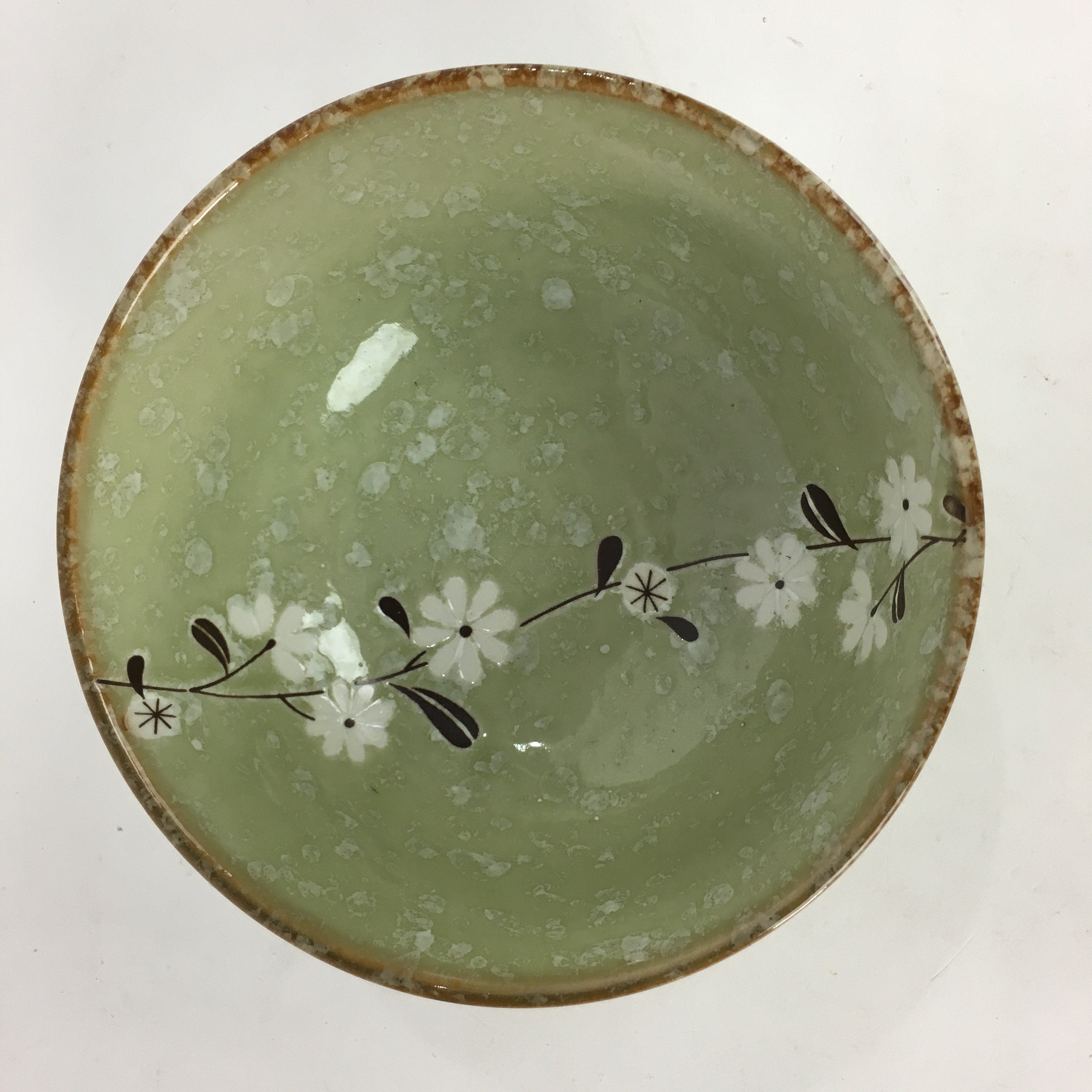 Japanese Porcelain Rice Bowl Vtg Green Mottled Pattern White Flowers Donburi PP6