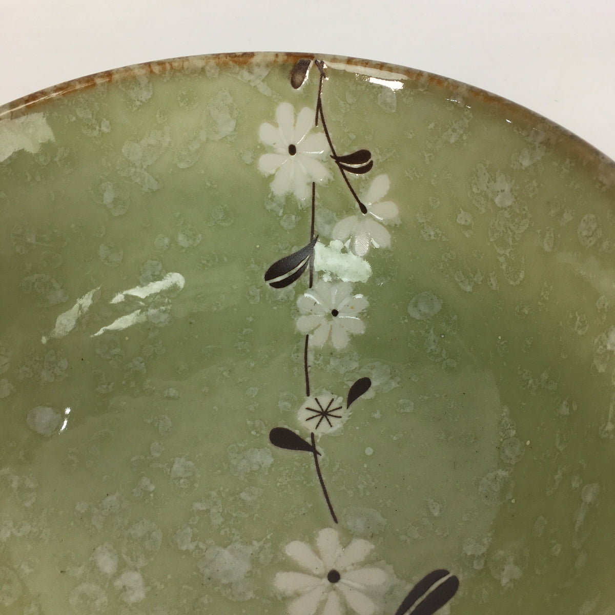 Japanese Porcelain Rice Bowl Vtg Green Mottled Pattern White Flowers Donburi PP6