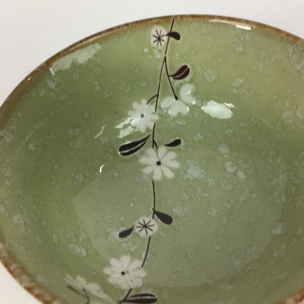 Japanese Porcelain Rice Bowl Vtg Green Mottled Pattern White Flowers Donburi PP6