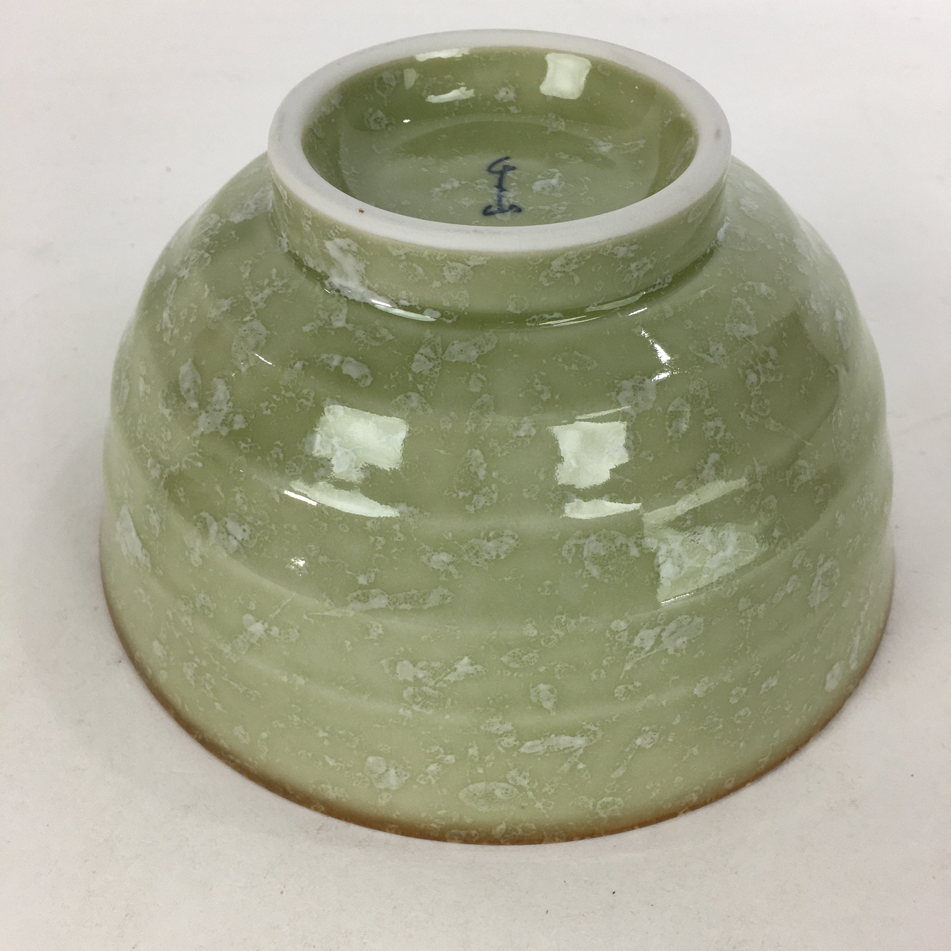 Japanese Porcelain Rice Bowl Vtg Green Mottled Pattern White Flowers Donburi PP6