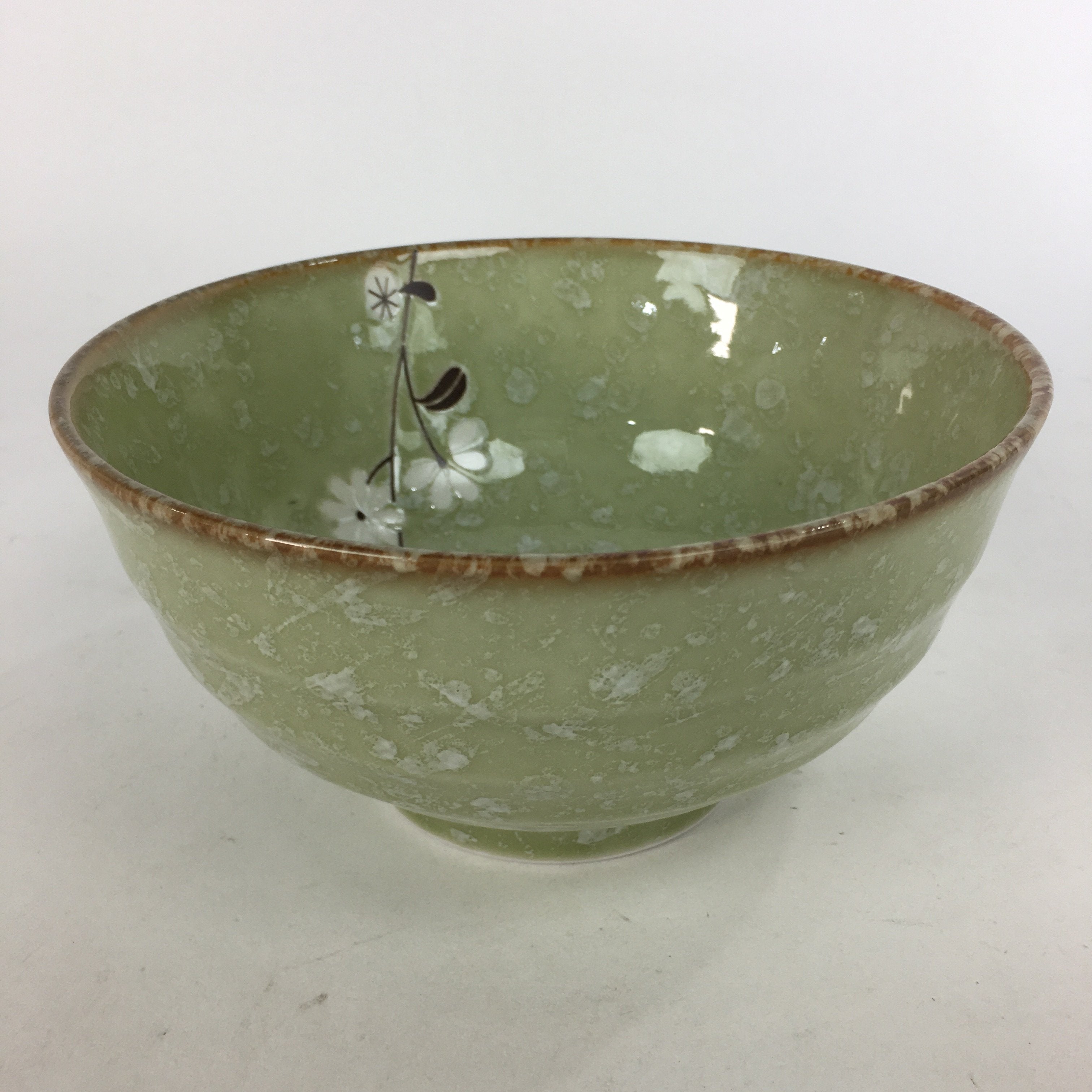 Japanese Porcelain Rice Bowl Vtg Green Mottled Pattern White Flowers Donburi PP6