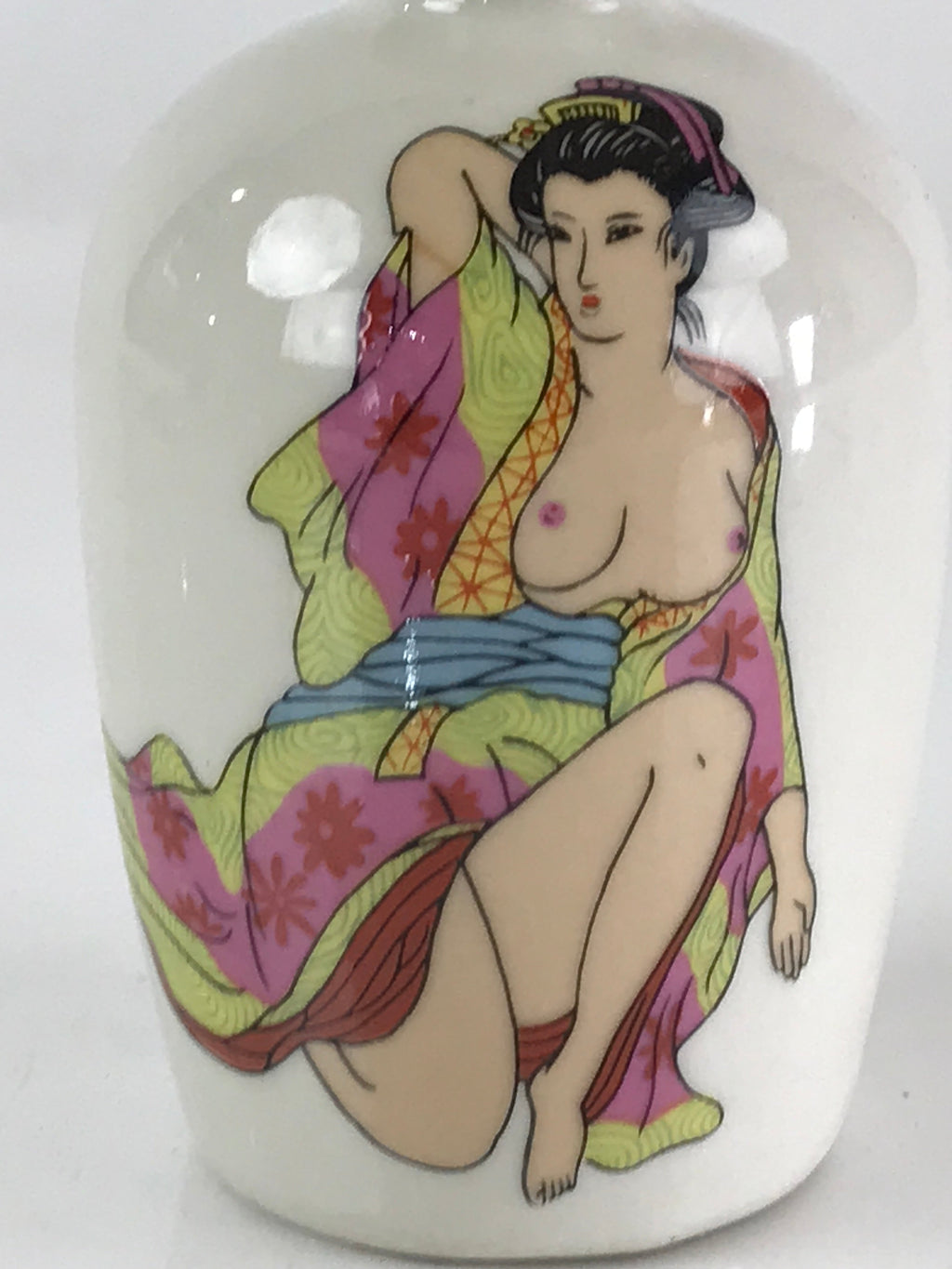 Japanese Porcelain Sake Bottle Pottery Naked Kimono Woman Tokkuri White TS468
