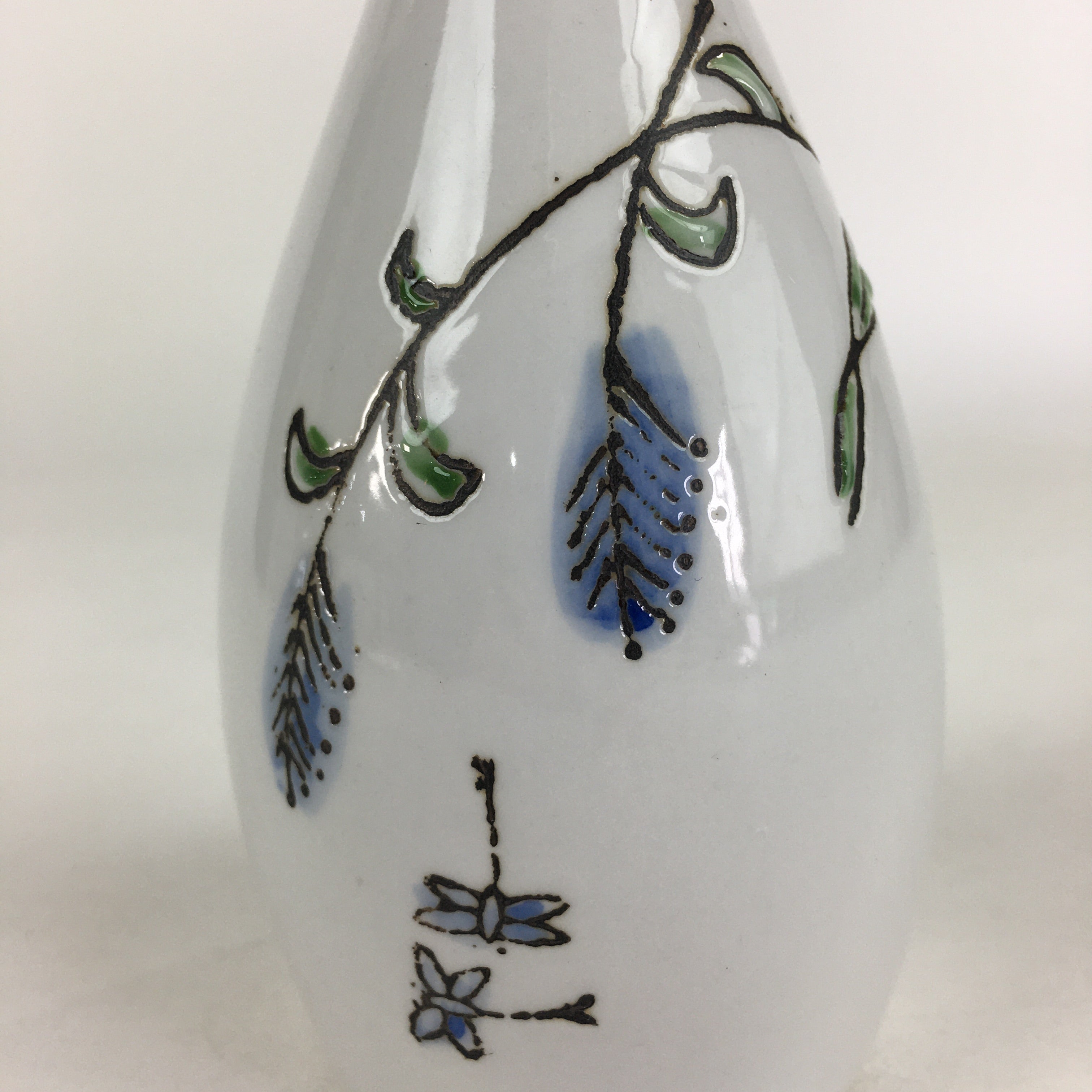 Japanese Porcelain Sake Bottle Vtg Blue Flower Butterfly Tokkuri White TS394