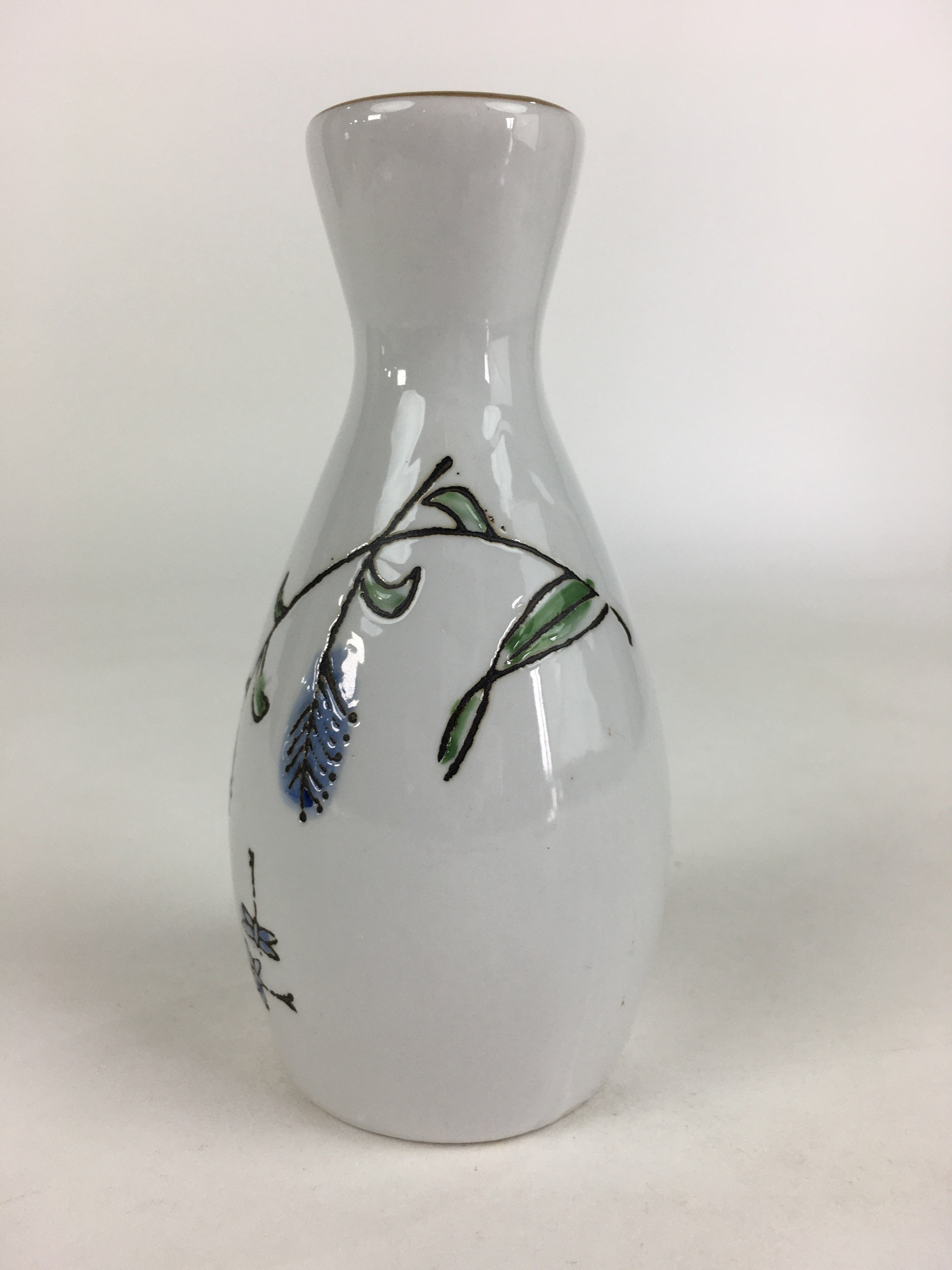 Japanese Porcelain Sake Bottle Vtg Blue Flower Butterfly Tokkuri White TS394