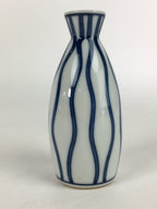 Japanese Porcelain Sake Bottle Vtg Blue Lines Design Tokkuri White TS393