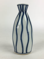 Japanese Porcelain Sake Bottle Vtg Blue Lines Design Tokkuri White TS393